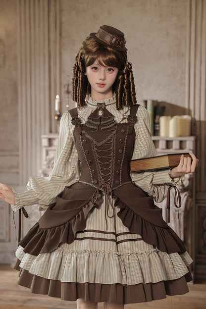 At Sunset Round-Collar Lantern-Sleeved Double-Layered Printed Ruffled Classic Lolita Dress in Beige and Brown, 2 Versions
