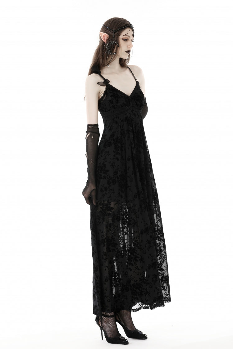 Maxi Rose Print Gothic Slip Dress with Lace-Up Back - NoirEdge