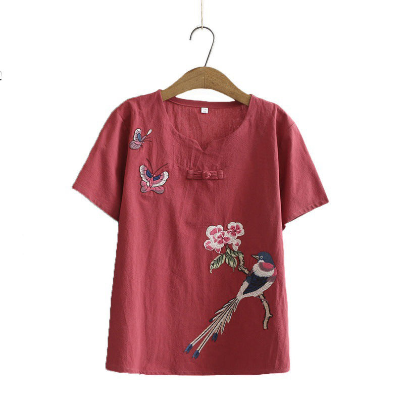 T-Shirt-Hosen-Set mit Vintage-Vogelstickerei und Schnalle