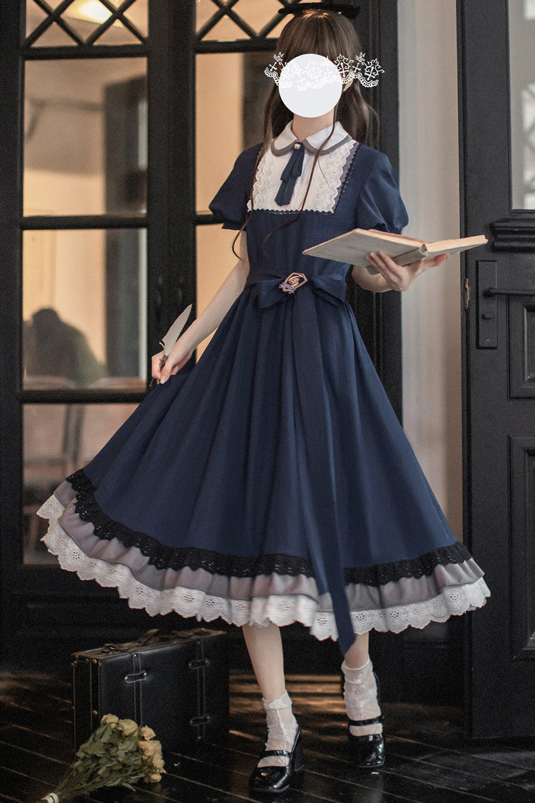 Lapel-Collar Vintage Dress with Bow Print and Short Sleeves
