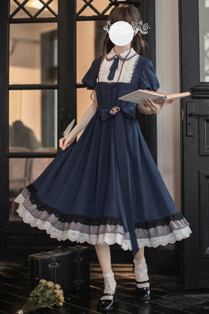 Lapel-Collar Vintage Dress with Bow Print and Short Sleeves