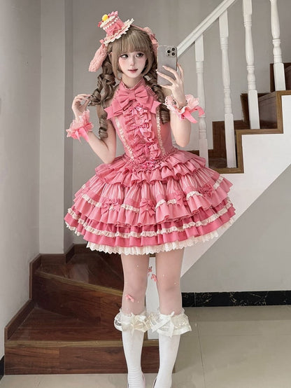 Rose Pink Sweet Bow Accents Tiered Ruffle Skirt Idol Lolita Halter Neck Dress