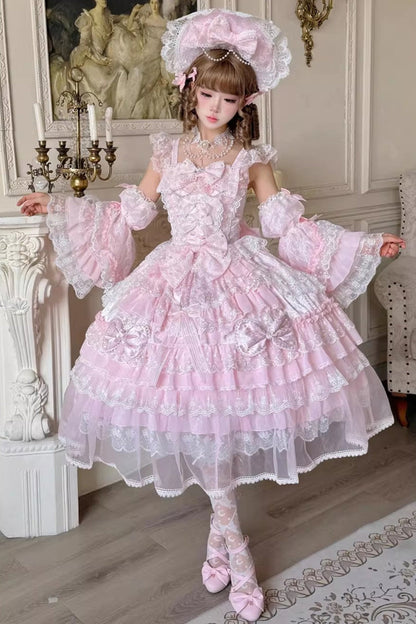 Rose Spring Prelude Sleeveless Tiered Ruffle Bow Lace Princess Sweet JSK Dress