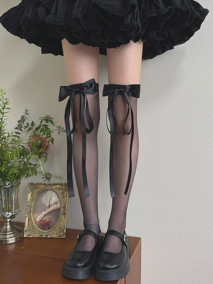 Milk White/Black Bowknot Design Semi-sheer Overknee Stockings