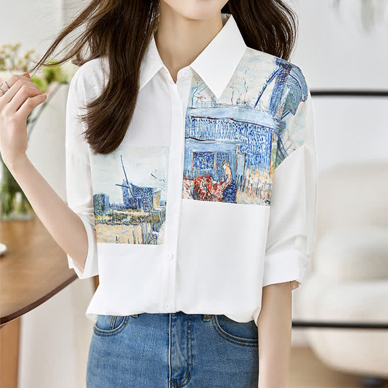 Vintage Painting Blue House Shirt