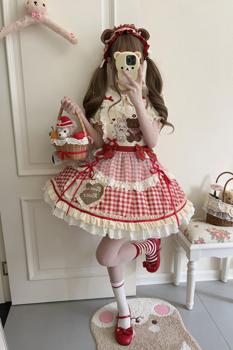 Rabbit Bear Plaid Ruffle Bow Sweet Lolita Skirt with Blouse