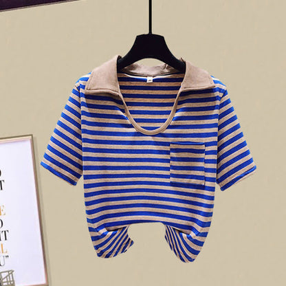 T-Shirt Stripe Denim Pocket Shorts Top Crop