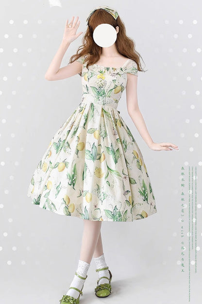 Forest Basket Lemon Print Bow Chiffon Elegant Sweet Lolita JSK in Yellow Green