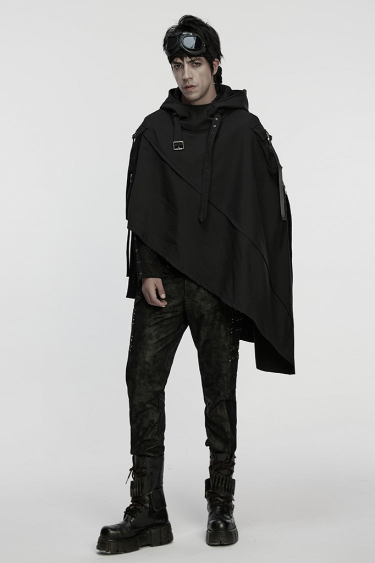 Buckle Strap Hooded Black Asymmetric Punk Cloak Men's