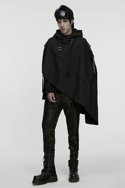 Buckle Strap Hooded Black Asymmetric Punk Cloak Men's
