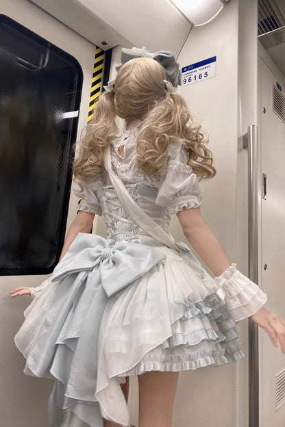 White/Light Blue Multi-layer Ruffle Bowknot Sweet Princess Lolita Jsk Dress (Includes Blouse)