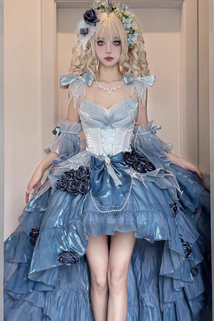 Sky Blue Sweet Ballet Lolita Swan Wonderland Embroidery Lace-Up Asymmetric JSK Dress