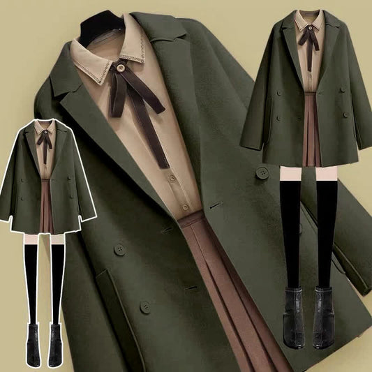 Sweet Shirt Pleated Skirt Pocket Wool Jacket Coat