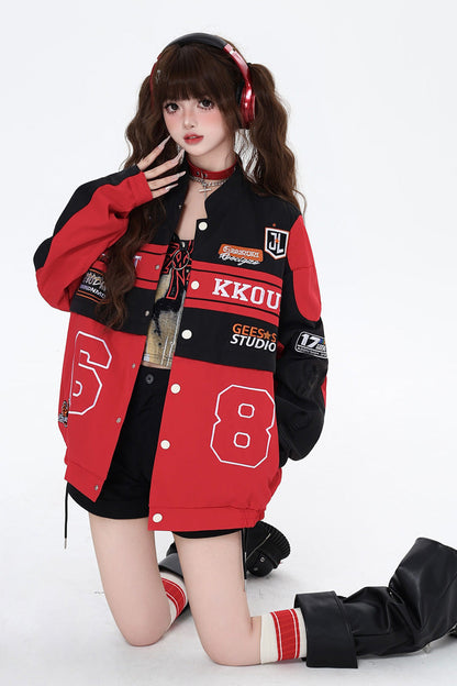Biker Girl Print Embroidery Zip Detachable Coat Three Colors