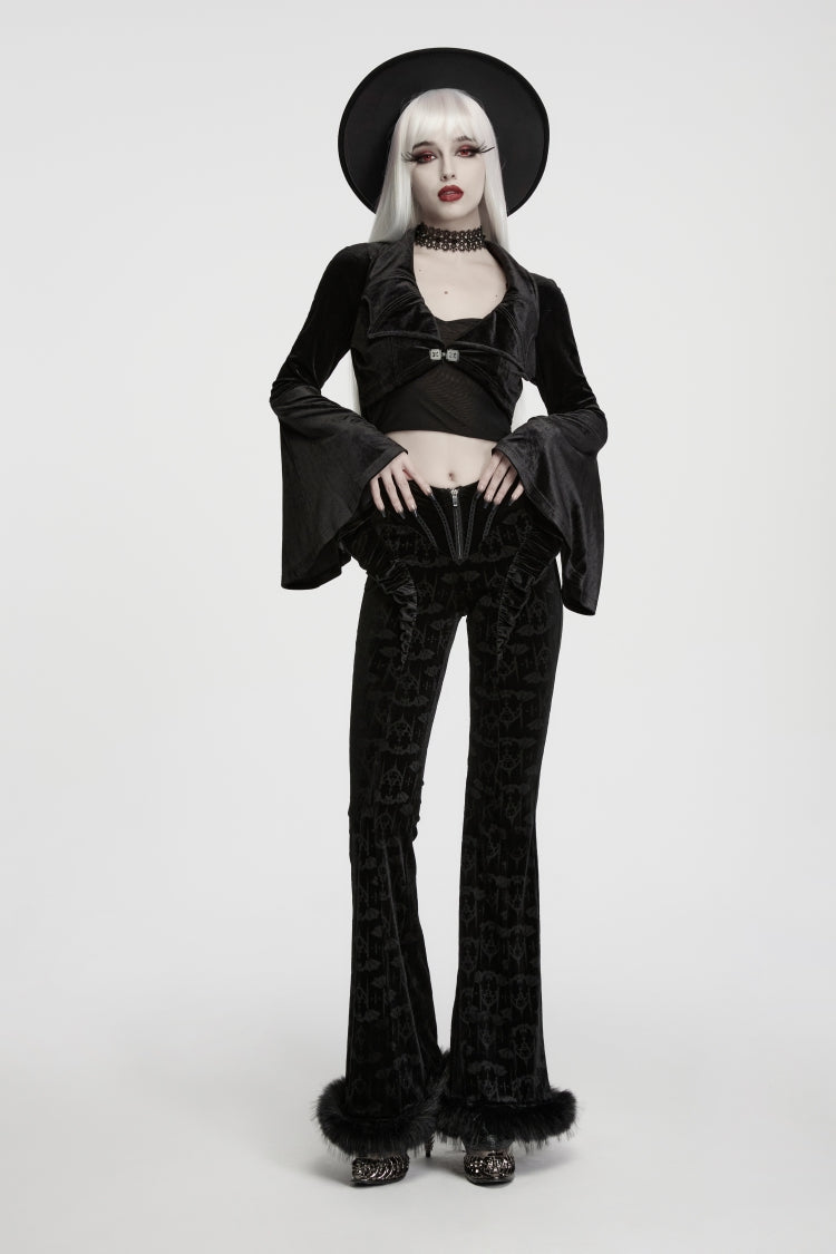 Gothic Short Jacket for Her with Velvet Bat Wing Collar and Flare Sleeves