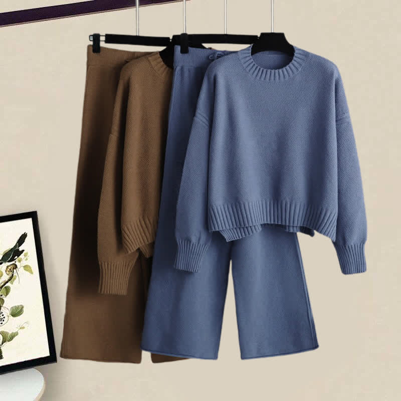 Wide Sweater Set Knit Leg Pants Pure Color