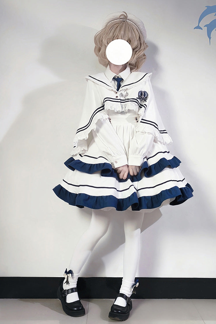 White Long Sleeve Double-Layer Ruffle Sweet College Lolita Dress