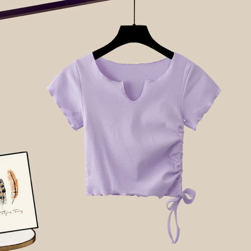 Purple Drawstring T-Shirt High Waist Casual Suit Pants