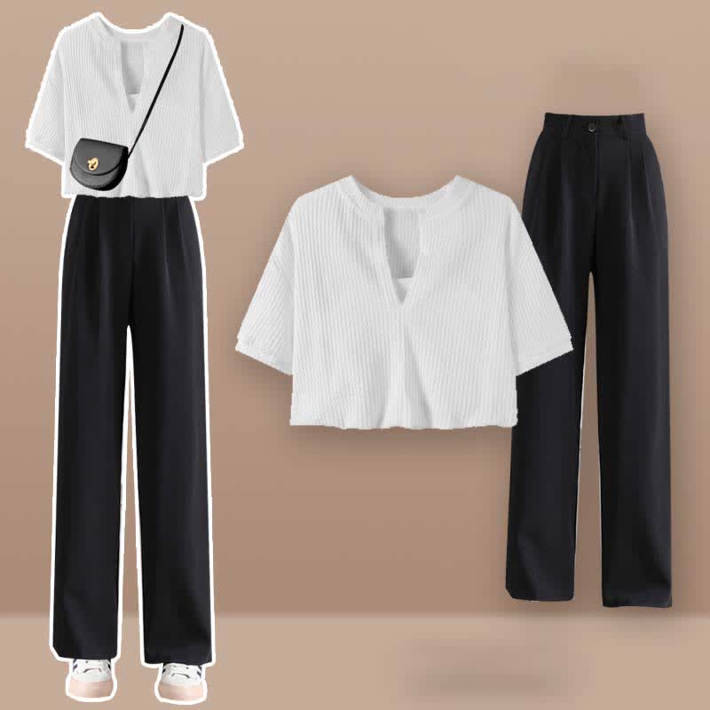 Fake Two Pieces Crop Top T-Shirt Casual Pants Set SP19694