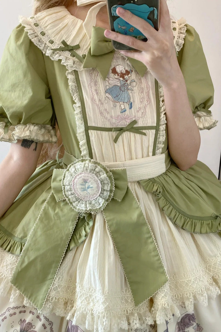 Emerald Little Ida's Flowers Short Sleeves Print Ruffle Bow Sweet Lolita Dress
