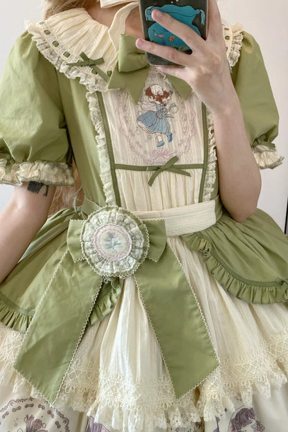 Emerald Little Ida's Flowers Short Sleeves Print Ruffle Bow Sweet Lolita Dress