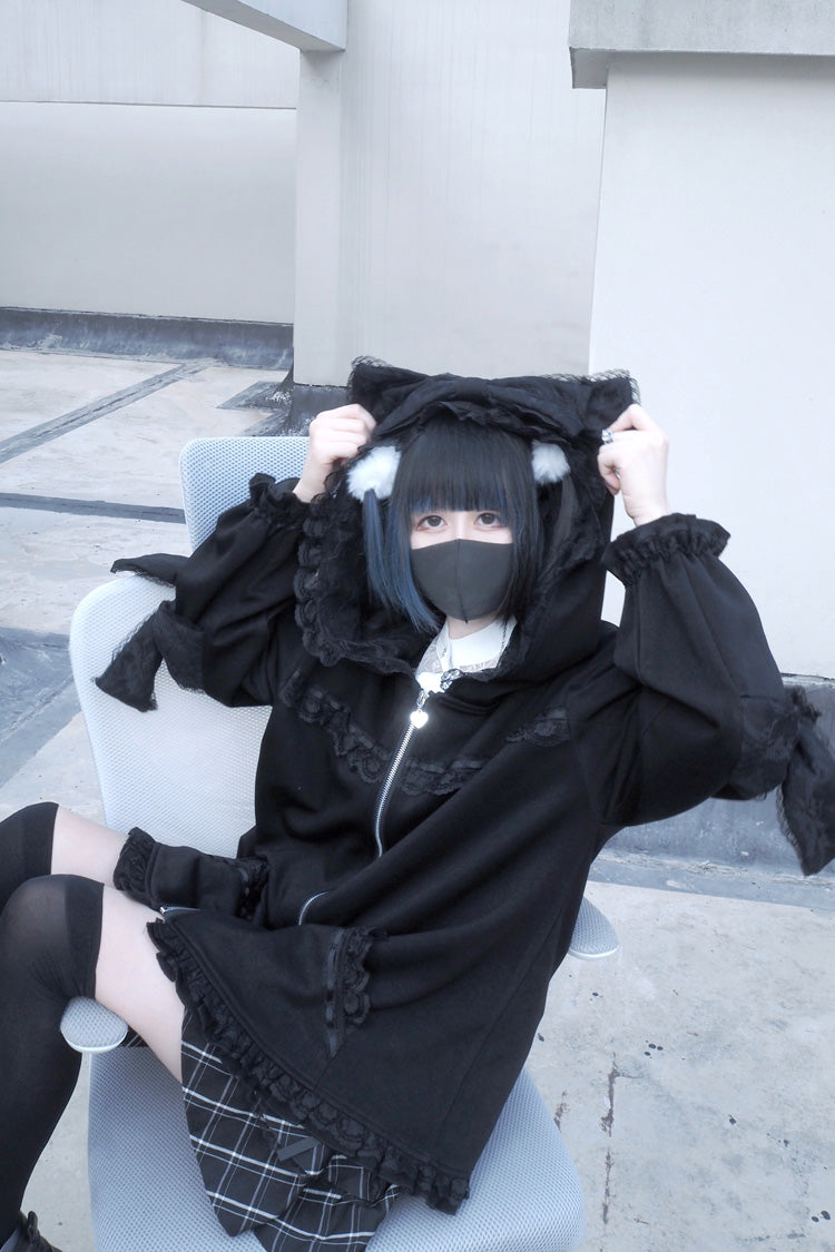 Black Cat Ear Hooded Ruffle Bow Gothic Coat