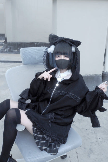 Black Cat Ear Hooded Ruffle Bow Gothic Coat