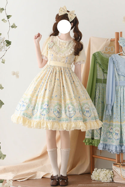 Lily of the Valley Cat Print Ruffle Embroidered Bowknot Sweet Lolita Dress in Beige