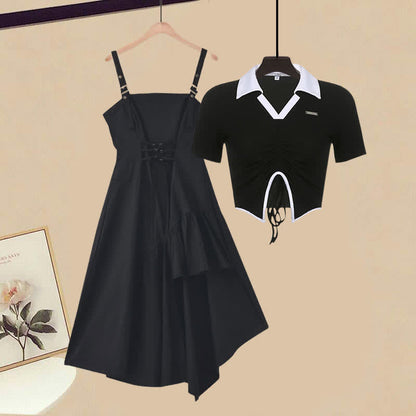 Set Drawstring Crop Slip Black T-Shirt Dress Irregular