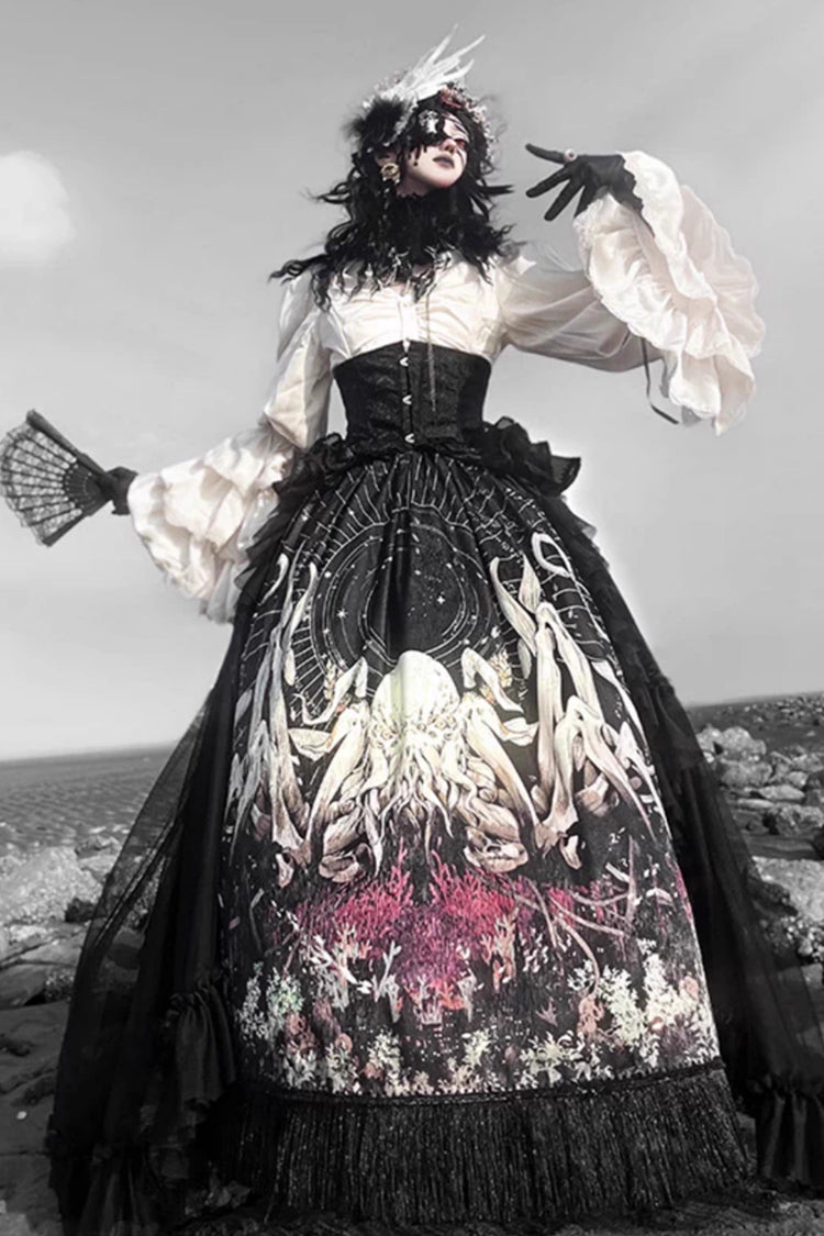 Long Hime Sleeves Gothic Skirt Dress Set with Printed Lace - Reborn Ancient God