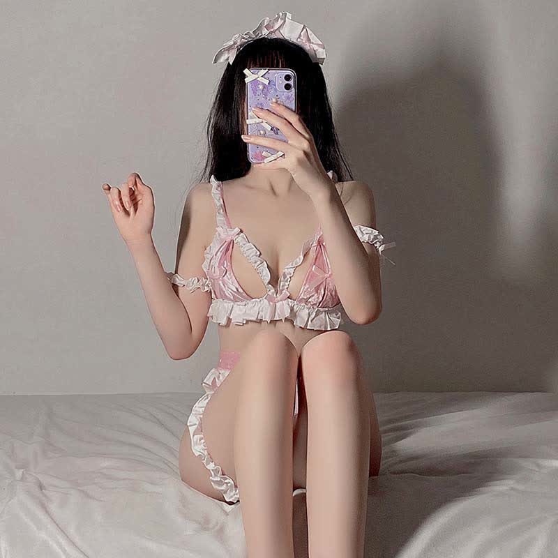 Lingerie bikini ajourée en dentelle avec nœud papillon Pink Maid