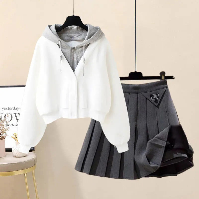 Colorblock Pocket Hoodie Pleated Skirt Set