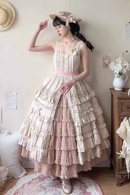 Rose-Embellished Layered Ruffled Lolita Skirt in Three Tones