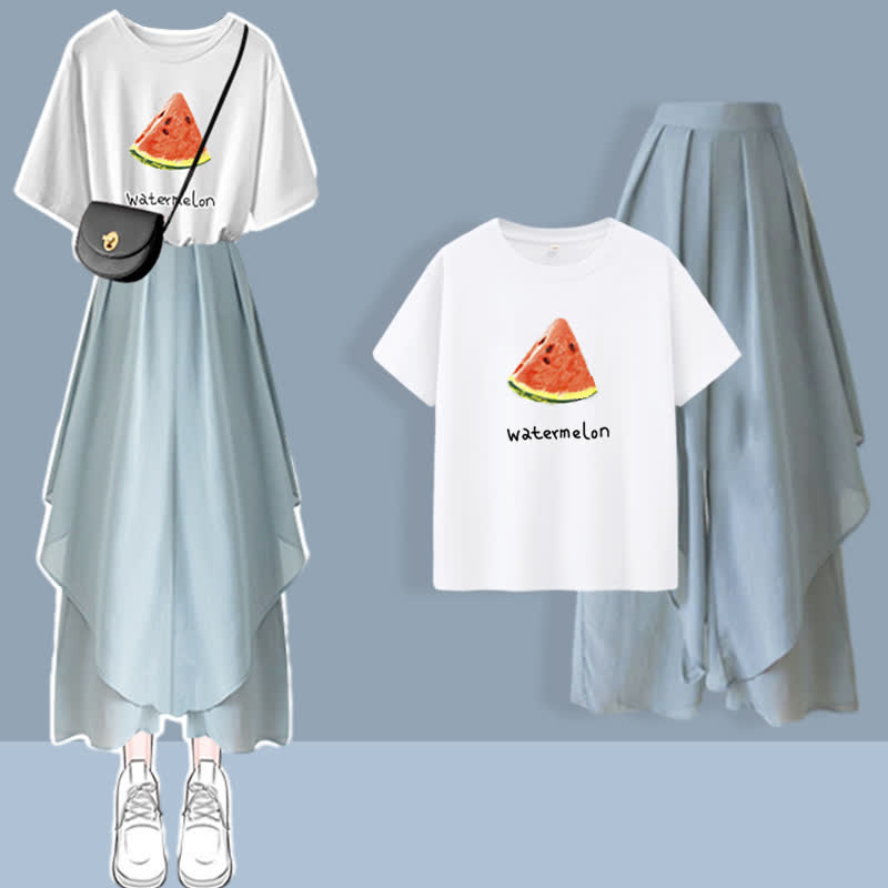 Sommerliches Set aus T-Shirt mit Aufdruck und Chiffonhose mit weitem Bein in Blau