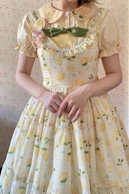 Lemon Chicken Print Ruffle Bow Lace Sweet Lolita JSK Long in Yellow
