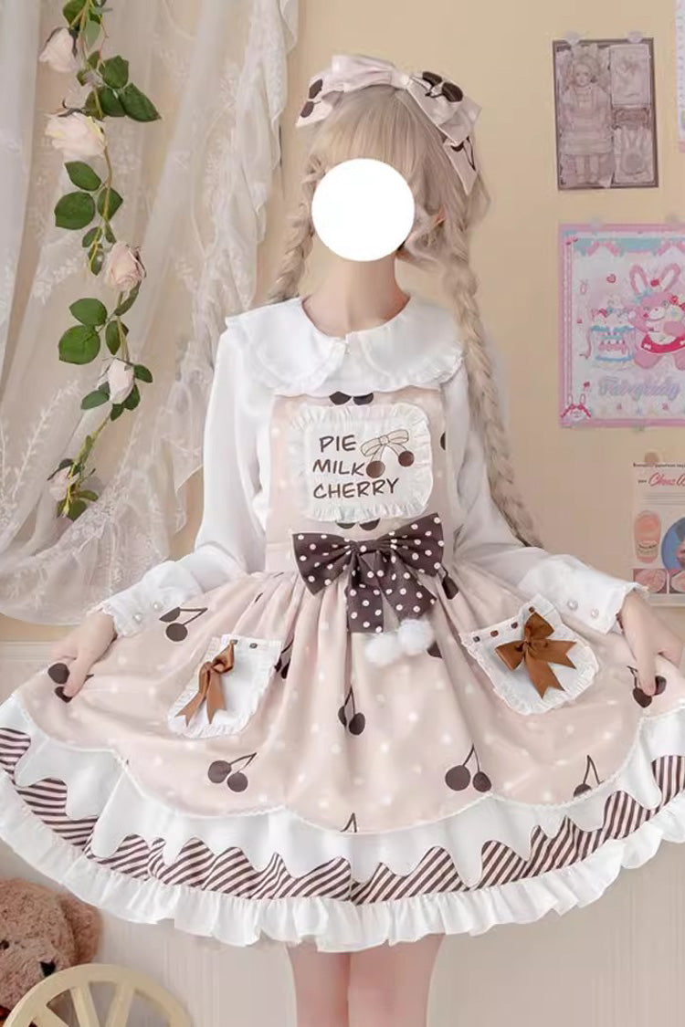Cherry Milk Pie Print Ruffled Bow Stitched Jumper Dress