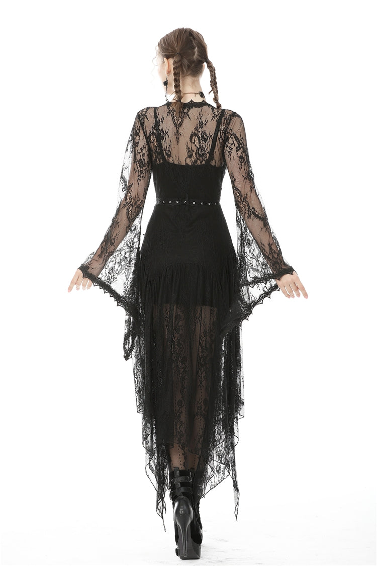 Maxi Cloak with Floral Lace and Belted Waist - Dark