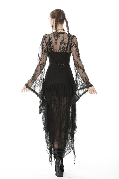 Maxi Cloak with Floral Lace and Belted Waist - Dark