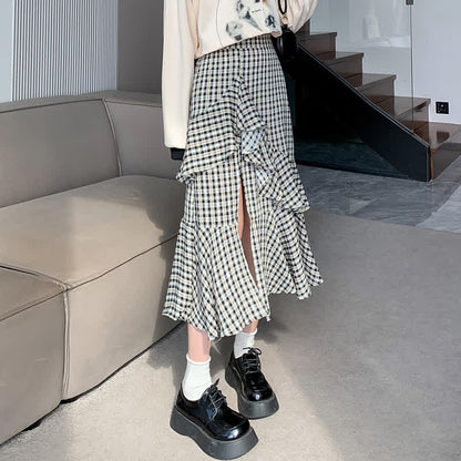 Skirt Split T-Shirt Lattice Flouncing Love Print Set Heart