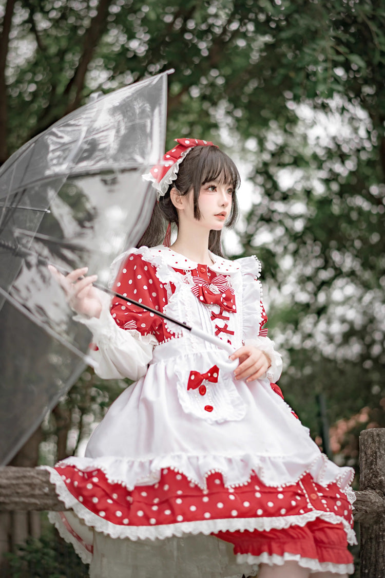 Red and White Doll-Collar Short-Sleeved Mushroom Princess Printed Polka Dot Ruffled Sweet Lolita Dress