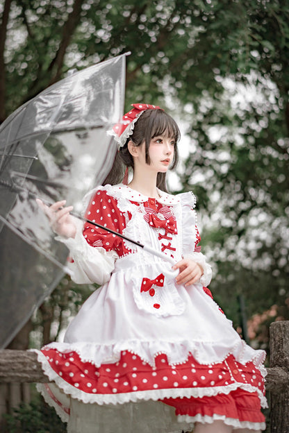 Red and White Doll-Collar Short-Sleeved Mushroom Princess Printed Polka Dot Ruffled Sweet Lolita Dress