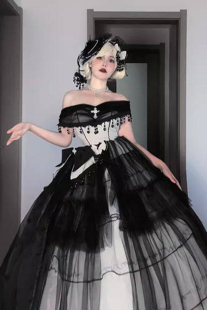 Black/White Ruffle Hanayome Lace Lace-Up Gothic Plus Size Lolita Jsk Dress (Long Version)