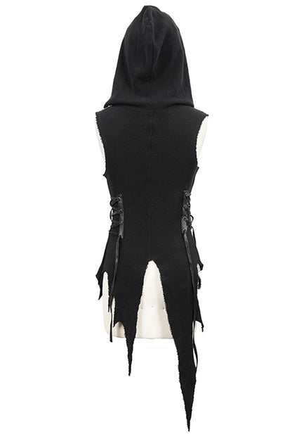 Hooded Asymmetric Gothic Sleeveless Top in Black - NoirEdge
