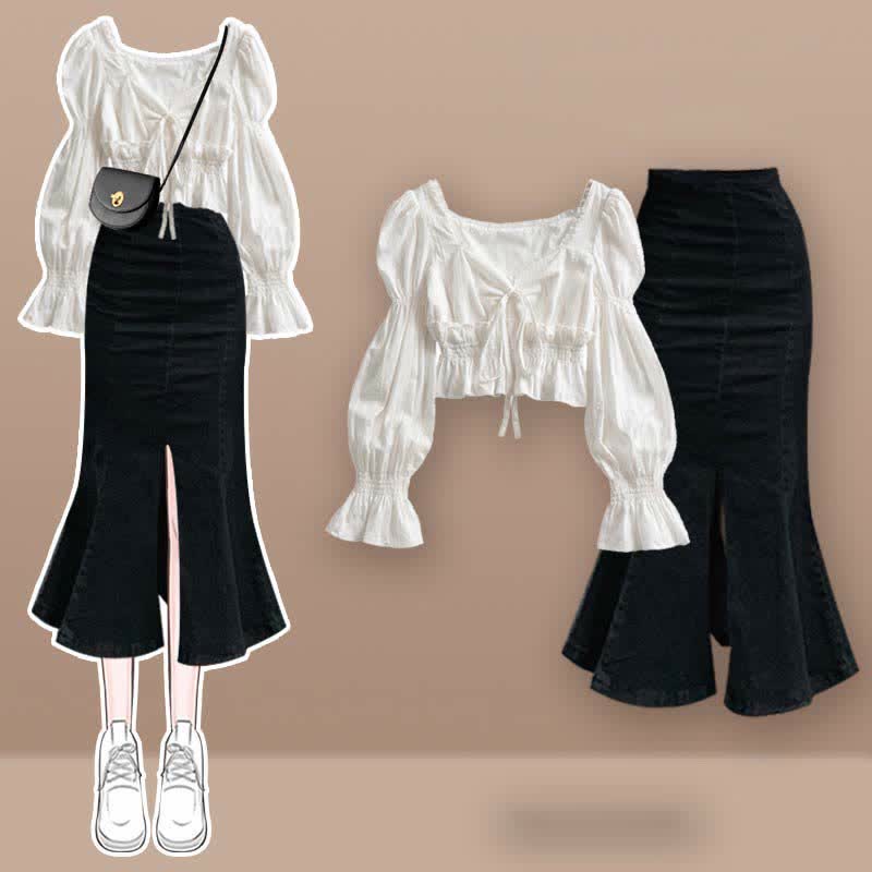 Dress Up Lace Irregular Set Slip Puff Sleeve Shirt Skirt