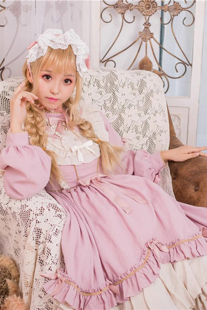 Pink Long Sleeves Ruffle Bow Daily Sweet Princess Lolita Dress