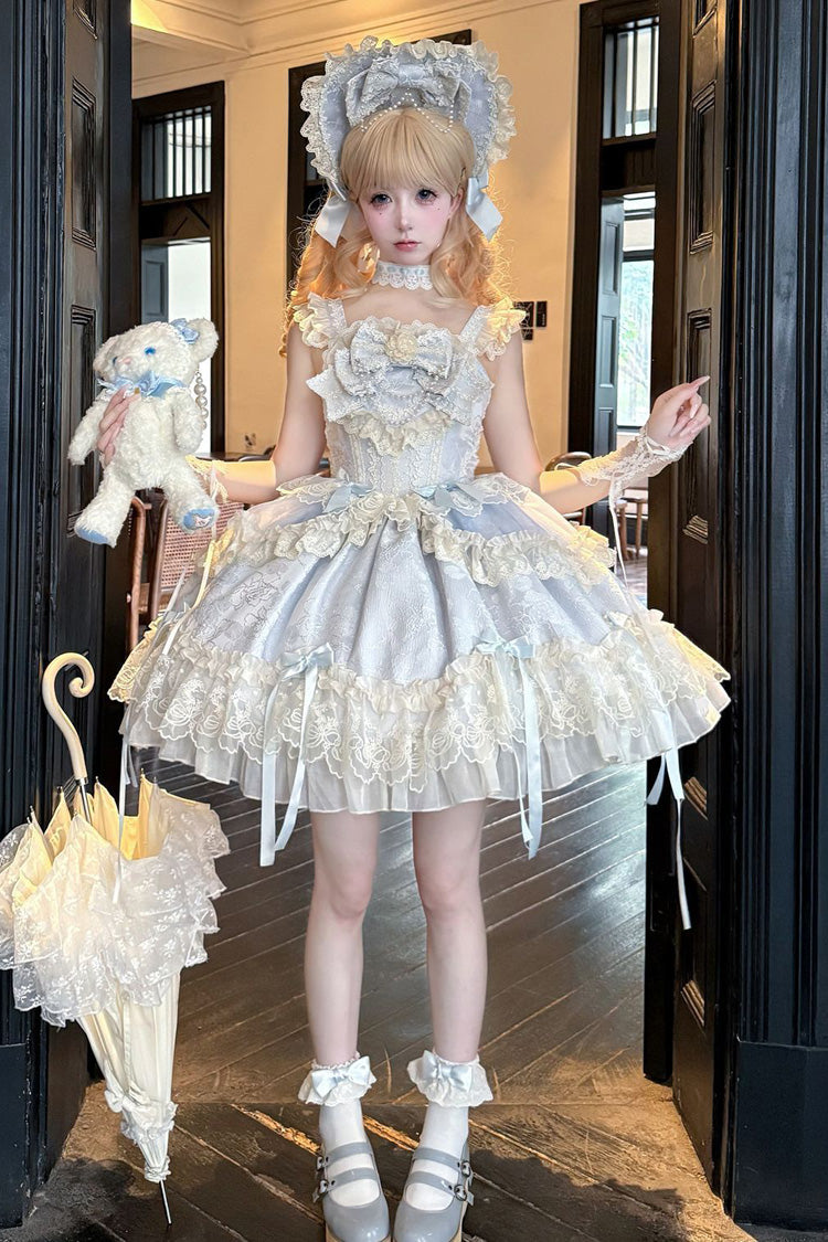 Blue Blossoming Heart Love Sleeveless Dark Jacquard Print Bow Lace Sweet Lolita Jsk Dress