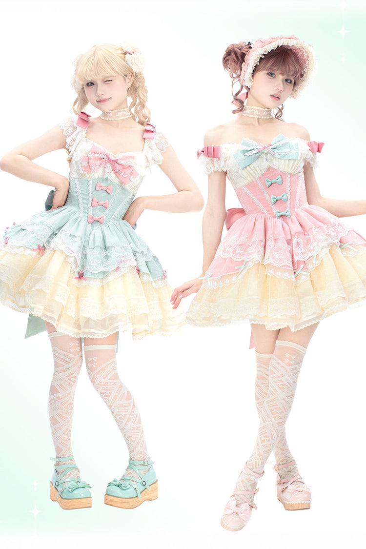 Rose Parfait Romance Sleeveless Ruffle Bow Lace Elegant Ballet JSK Gown