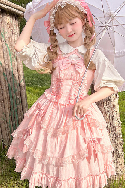 Rose Miss Pearl Sleeveless Double Layer Bow Lace Corset Sweet Lolita JSK Outfit