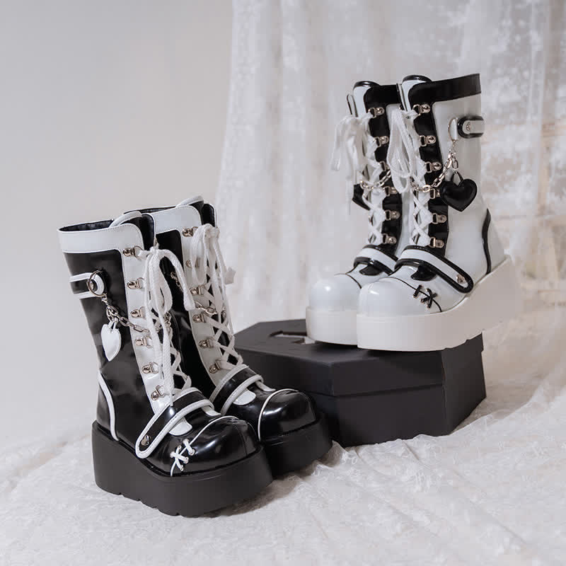 Lolita Martin-Stiefel im Y2K-Farbblock-Design mit Plateau und Schnürung