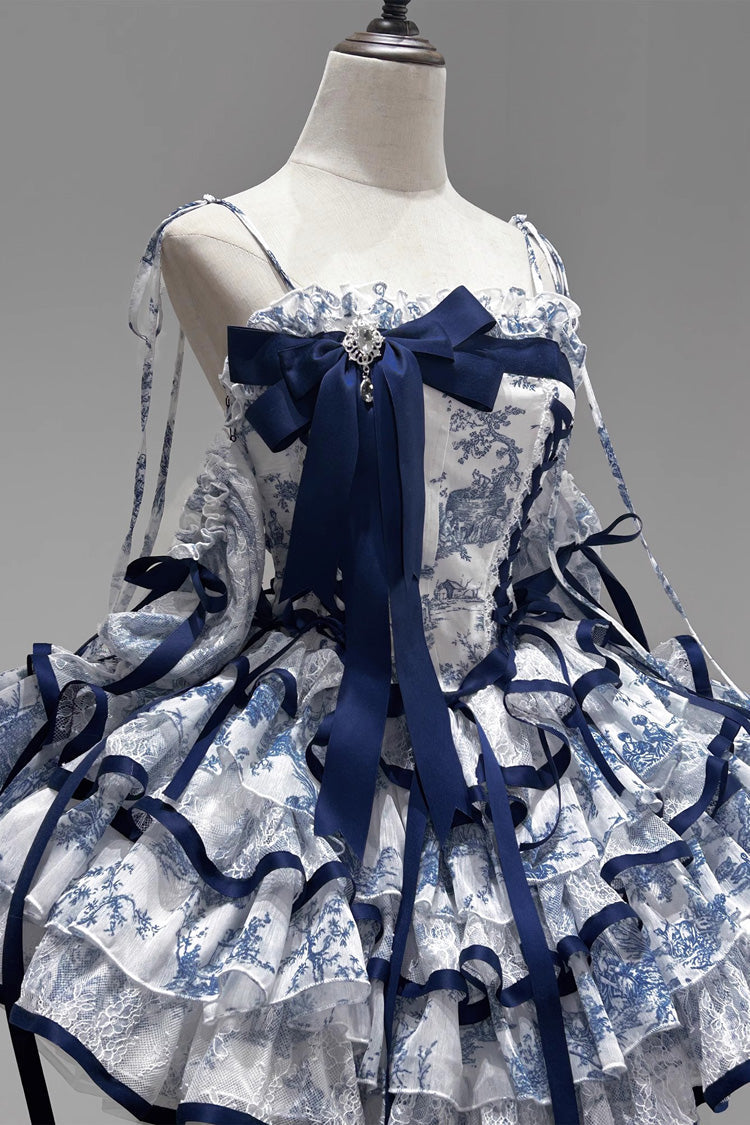 Blue White Sleeveless Multi-Layered Print Bowknot Fishbone Sweet Classic Chinese Style Lolita Jsk Short Dress